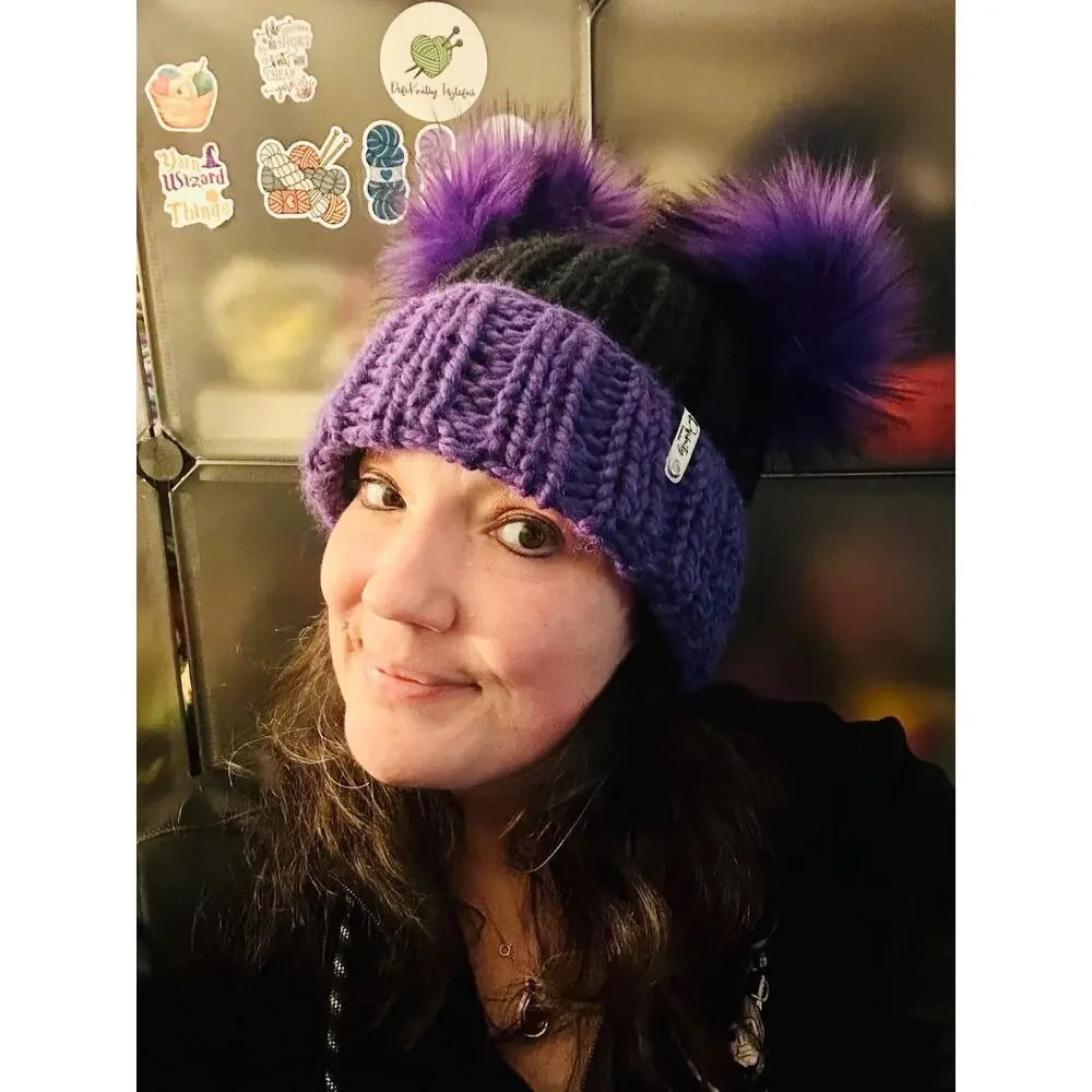 Hand Knit Beanie with Double Faux Fur Poms - Adult Winter Hat